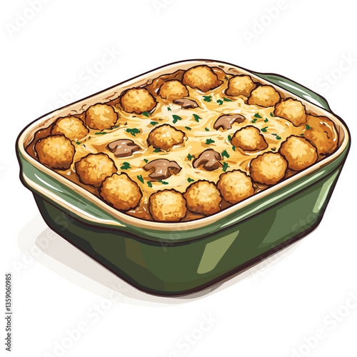 Tater Tot Hotdish Casserole Illustration in Baking Dish
