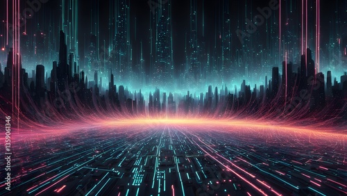 Futuristic Cityscape: Neon Lights & Data Streams