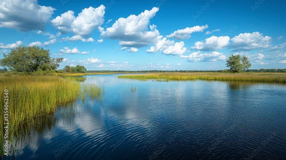 Serene Waterway Surrounded by Lush Greenery and Blue Sky Serene Waterway Surrounded by Lush Greenery and Blue Sky