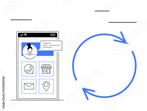 Smartphone screen with user profile and app icons, accompanied by circular arrow symbolizing process cycle. Ideal for communication, navigation, e-commerce, process optimization, user management