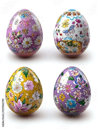 Four decorative and artistic eggs are placed on white background