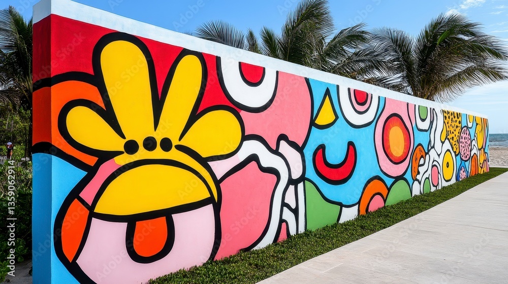 Fototapeta premium Vibrant Street Art Mural on Wall by Tropical Beach Setting