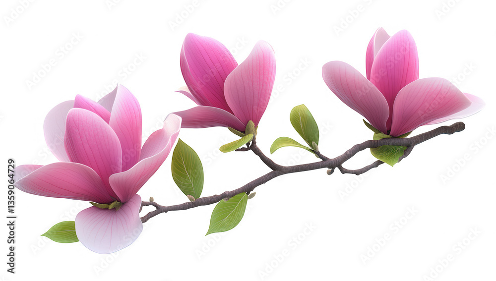 Obraz premium a branch featuring beautiful pink magnolia flowers showcasing their delicate petals and vibrant colors against a clean white background ideal for nature-themed designs or floral arrangements