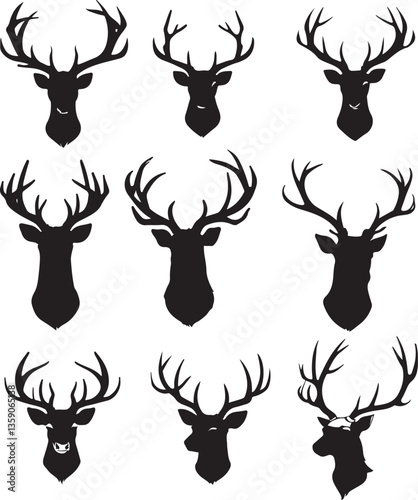 Bundle of deer heads silhoutee illustrtion vector .