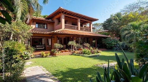 Charming house nestled in a vibrant garden vibrant plants well-kept lawn and a tranquil outdoor ambiance. 