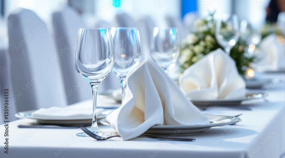 Fototapeta premium elegant white table setting with folded napkins and wine glasses