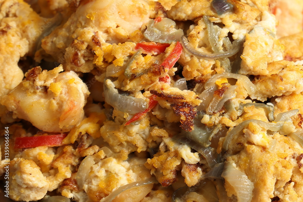 Delicious fried prawn scrambled egg with chilli onion Delicious fried prawn scrambled egg with chilli onion
