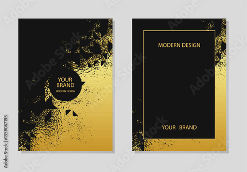 Cover set. Abstract backgrounds collection, geometric art pattern. Original golden grunge texture. Vertical templates with place for text. Brochure, booklet, leaflet, website design.