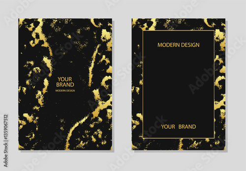 Cover set. Abstract backgrounds collection, geometric trendy pattern. Original golden grunge texture. Vertical templates with place for text. Brochure, booklet, leaflet, website design.