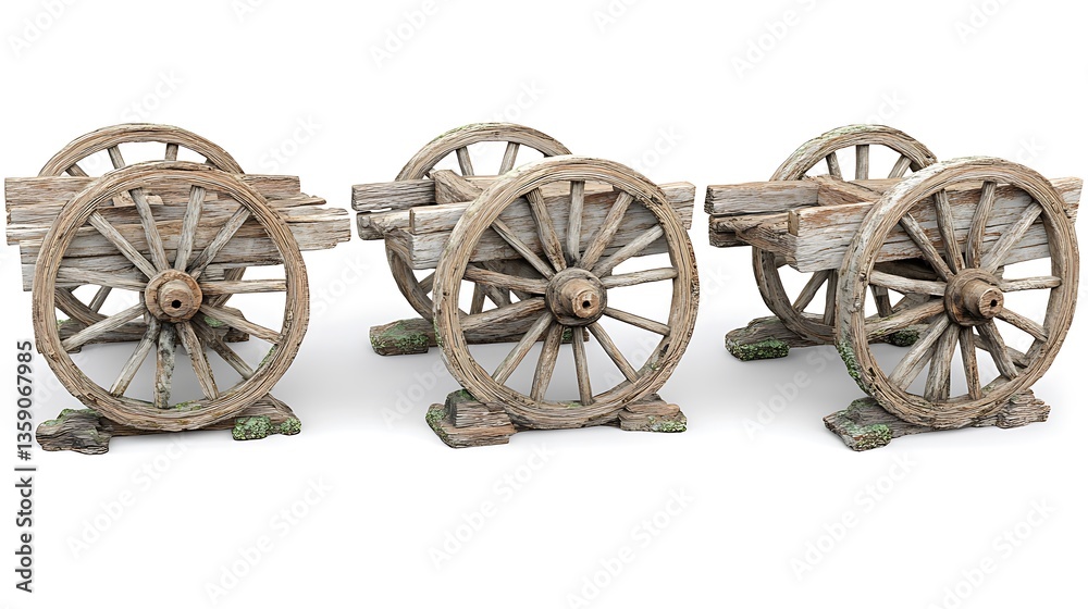 Fototapeta premium Three antique wooden carts, weathered, isolated on white.
