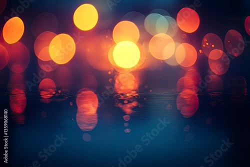 Abstract Night City Lights Reflecting on Water Surface with Bokeh Effect