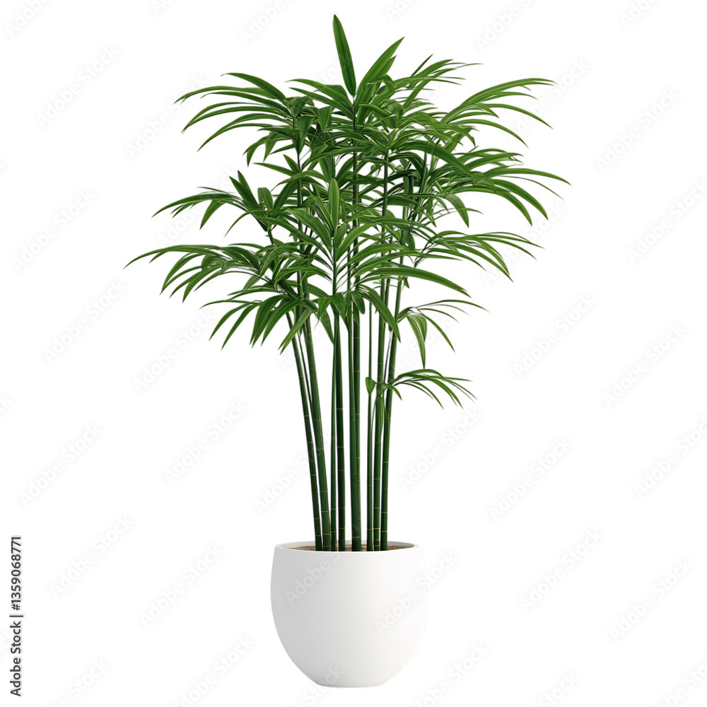 A 3D Bamboo Palm Tree with Slender Green Leaves in a Potted Plant Isolated on Transparent Background A 3D Bamboo Palm Tree with Slender Green Leaves in a Potted Plant Isolated on Transparent Background
