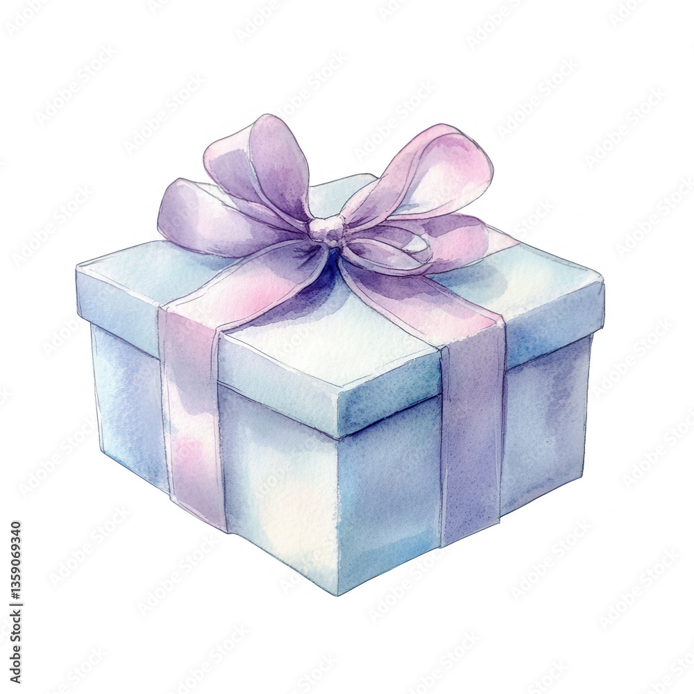 Fototapeta premium a beautifully wrapped gift box adorned with ribbon evoking feelings of celebration and surprise the soft watercolor style adds a whimsical touch perfect for special occasions