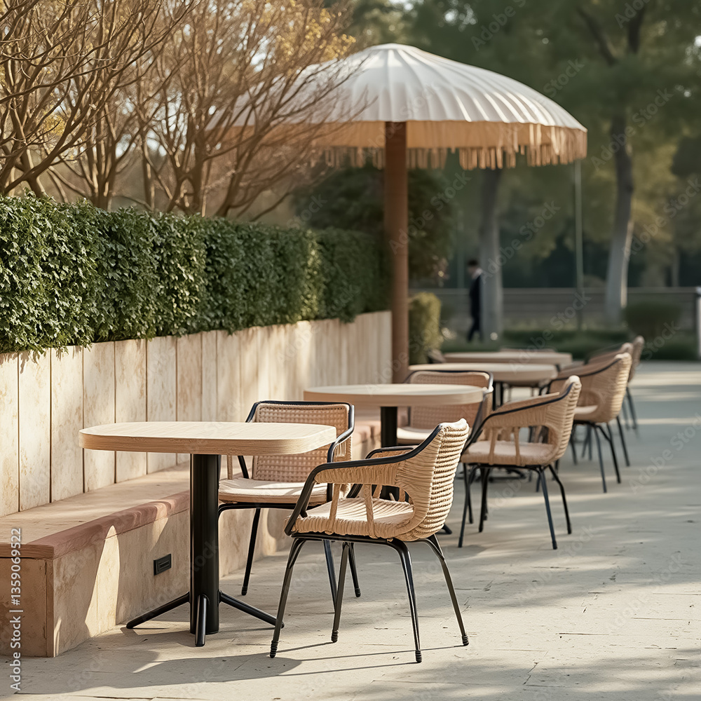 Obraz premium elegant outdoor cafe tables and chairs under a parasol