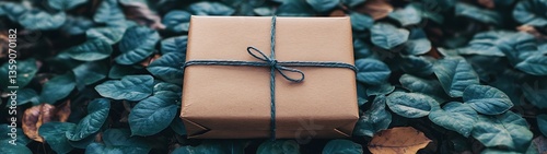 A wrapped brown box sits atop green leafy foliage