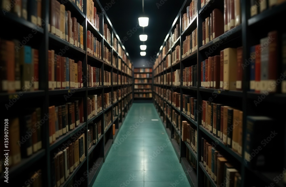 Library bookshelves, book stands, dark background Library bookshelves, book stands, dark background