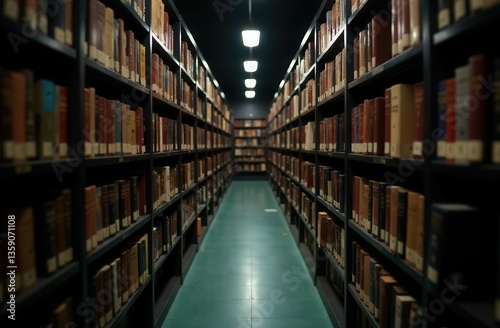 Library bookshelves, book stands, dark background