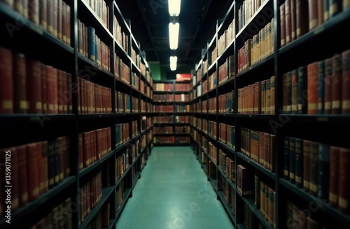 Library bookshelves, book stands, dark background