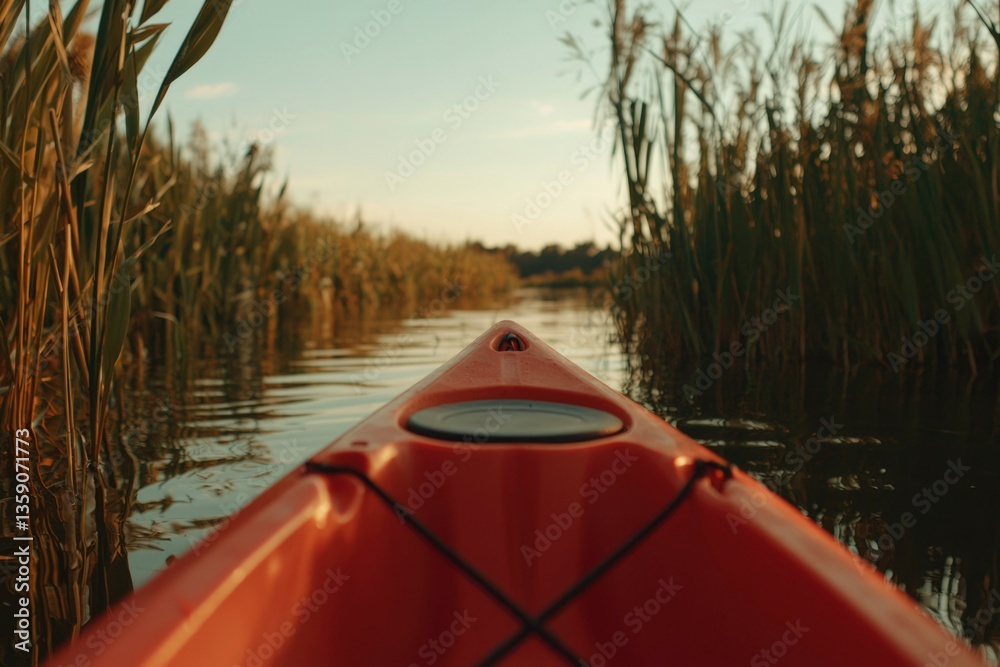 Fototapeta premium Kayaker navigates a river lined with tall reeds during sunset. Outdoor activity