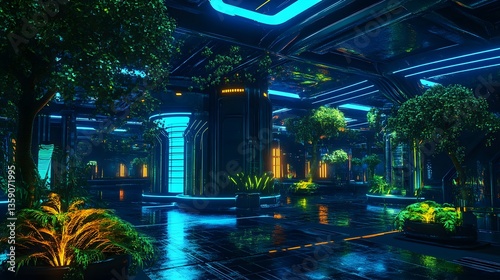 Futuristic Biodome Interior with Neon Lights and Lush Greenery