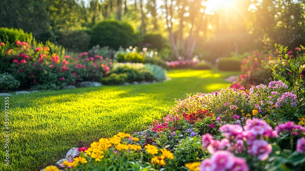 Fototapeta premium Elegant garden display vibrant blossoms lush foliage and sunlight dancing over the colorful petals timeless charm.