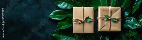 Two gift wrapped boxes with green leaves and natural twine