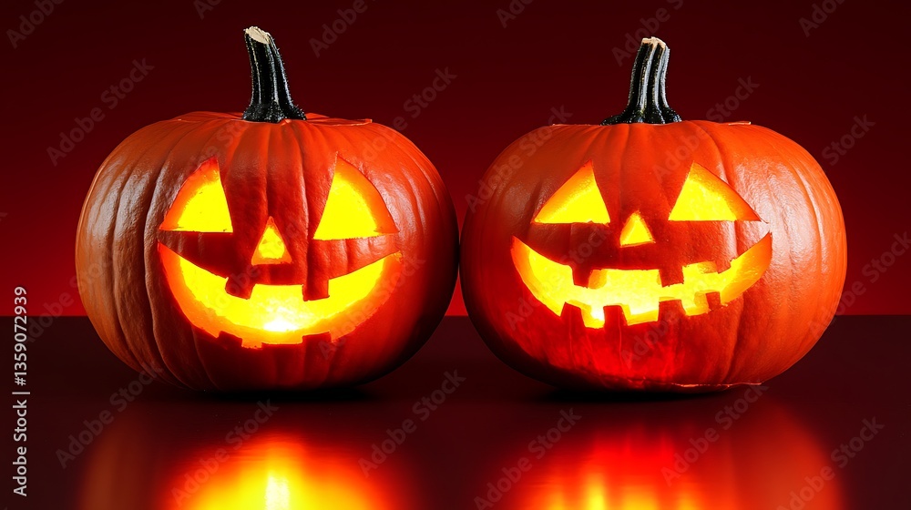 Obraz premium Two illuminated jack-o'-lanterns on dark background.