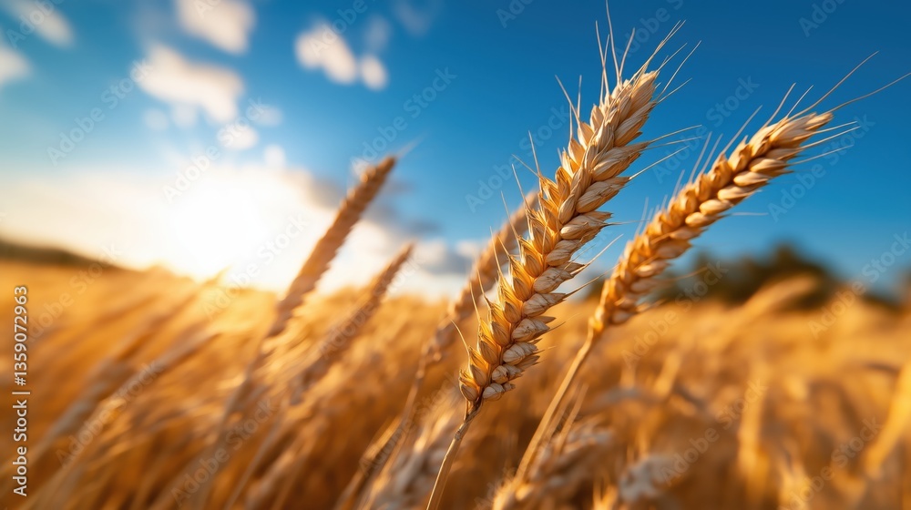 Fototapeta premium Golden wheat field swaying gently under a bright summer sky with clouds and sunlight illuminating the landscape