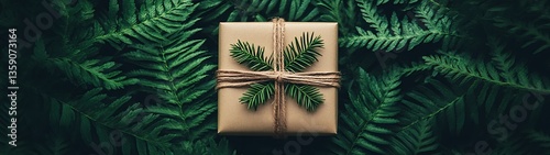 A wrapped present decorated with greenery on a fern background