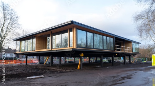 Modern building under construction with large glass windows and elevated foundation in a residential area during cloudy weather