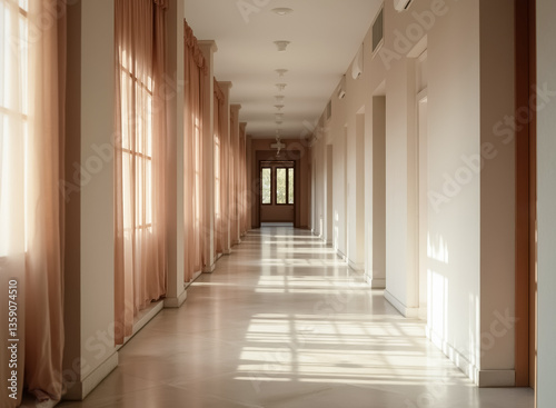sunlit hallway with beige walls and sheer curtains creating a calm and tranquil atmosphere