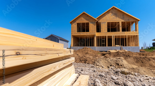 Wallpaper Mural New residential construction with wooden framework near landscaping area under clear blue sky Torontodigital.ca
