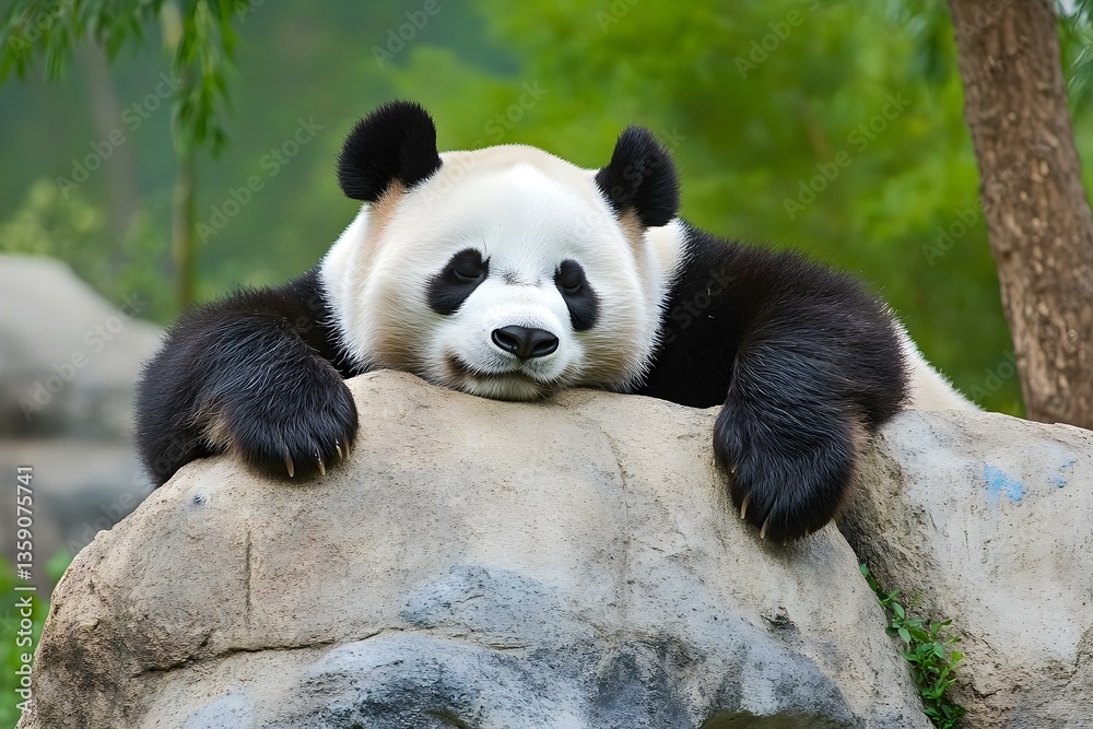 Fototapeta premium Peaceful Giant Panda: Adorable Bear Sleeping Comfortably on a Rock in Natural Serenity