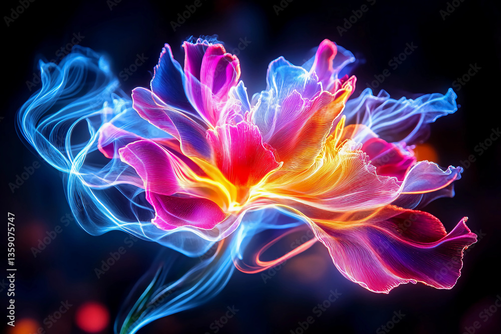 Obraz premium Vibrant Flower with Soft, Flowing Liquid Light Petals in Warm Pinks, Reds, and Oranges, Glowing Edges and Shifting Colors in a Stunning Display of Light and Beauty