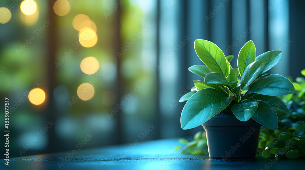 A potted plant sits on a table in a dimly lit room A potted plant sits on a table in a dimly lit room