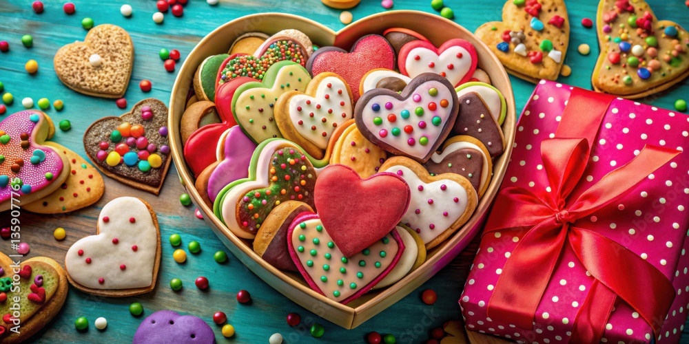 Fototapeta premium A heart-shaped box filled with assorted heart-shaped cookies, sprinkled with colorful candies, and a pink gift box with a red ribbon, resting on a turquoise wood surface.