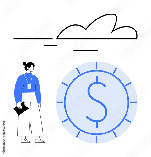 Female professional holding a document alongside large dollar sign coin, symbolizing finance, success, and strategy. Ideal for business, economy, leadership, savings, investment career opportunity