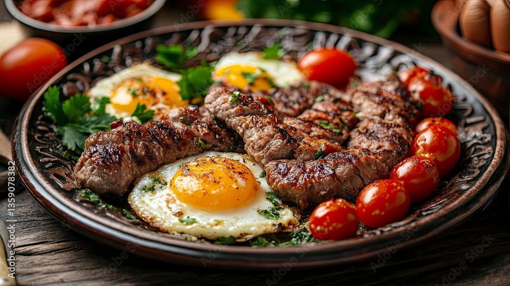 Plate with fried meat and eggs Plate with fried meat and eggs