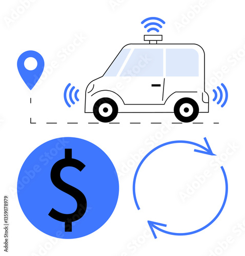 Electric autonomous vehicle with GPS marker, payment coin icon, and arrows depicting cycle. Ideal for transportation, technology, navigation, economy, automation connectivity sustainability. Flat
