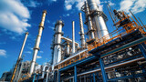 Industrial elegance of a modern oil refinery against a vibrant blue sky