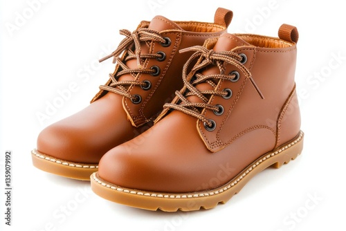 Brown leather kids boots on white background for fashion blog or product catalog