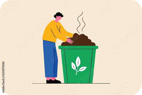 Man composting organic waste in a green bin, illustrating recycling, environmental consciousness, and sustainable practices.