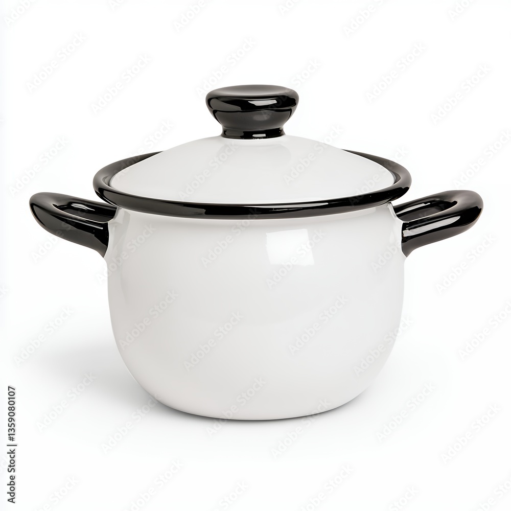 Small White Enamel Saucepan With Black Accents, Generative AI. Small White Enamel Saucepan With Black Accents, Generative AI.