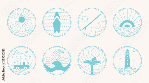 Simple line blue marine badge about ocean, sea, surf. Simple outline round vector stiker, banner, merch desin templates