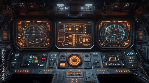Fototapeta Naklejka Na Ścianę i Meble -  The interior view of a futuristic spacecraft control panel
