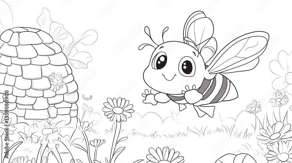 Fototapeta premium Cute bee near beehive, coloring book image, flowers, grass