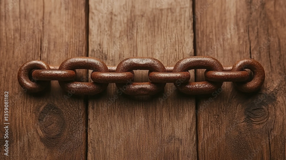 Rustic Brown Metal Chain Links on Aged Wooden Background Strong Connection Concept Rustic Brown Metal Chain Links on Aged Wooden Background Strong Connection Concept
