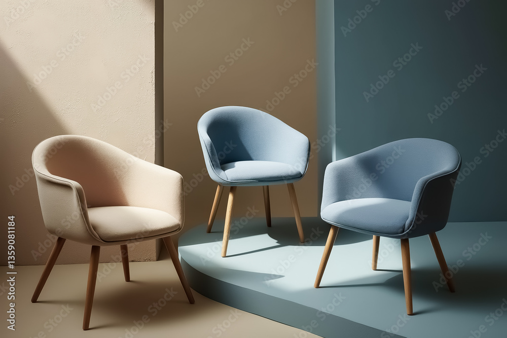 Fototapeta premium three modern upholstered chairs with wooden legs in a minimalist setting
