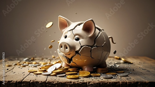 Economic fragility: A cracked piggy bank surrounded by scattered coins on a wooden table, symbolizing financial instability, economic hardship, and the fragility of savings.