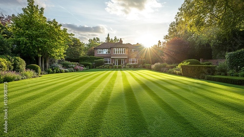 Immaculately mown lawn. Rich green stripes. Perfect texture. Sunlight highlights blades of grass. Well-kept garden idyll. Fantastic front garden. Professional landscape maintenance  